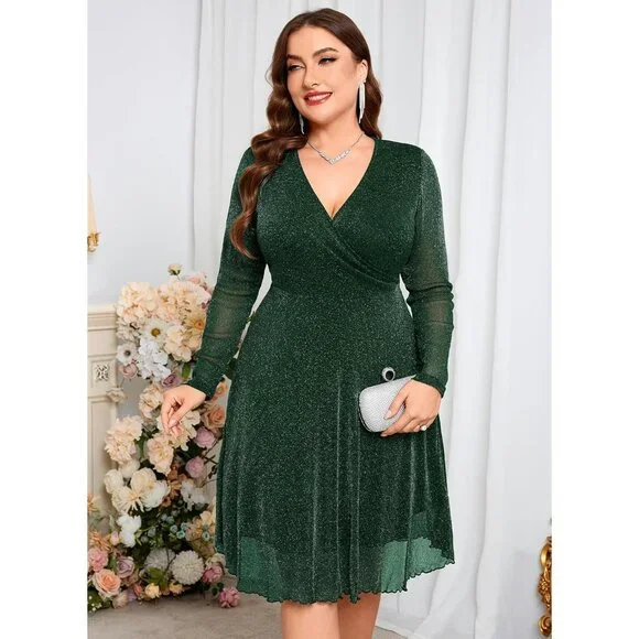 Plus Size Glitter Dress Sparkly Mesh Long Sleeve V Neck Wrap A Line